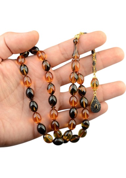 Burhan sağlam Özel Seri Arpa Kesim Gümüş Püsküllü 12x9 mm Ateş Kehribar Tesbih