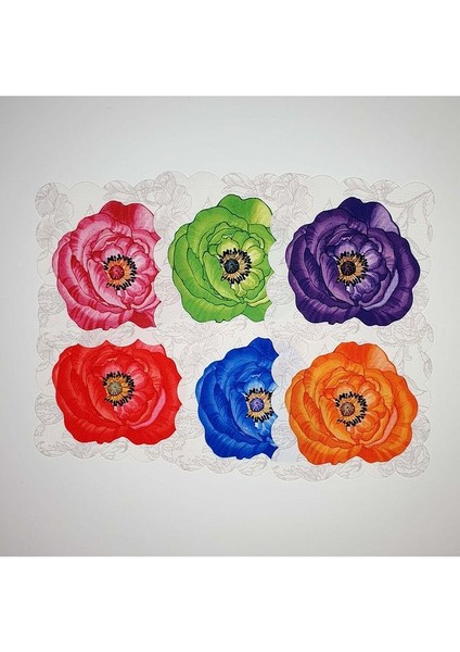 6 Parça Gelincik Çiçek Baskılı Yıkanabilir Kumaş Kokteyl Peçeteleri
