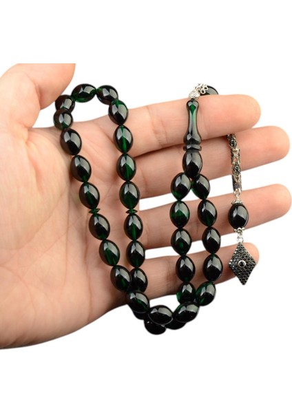 Burhan sağlam Özel Seri Arpa Kesim Gümüş Püsküllü 12x9 mm Ateş Kehribar Tesbih