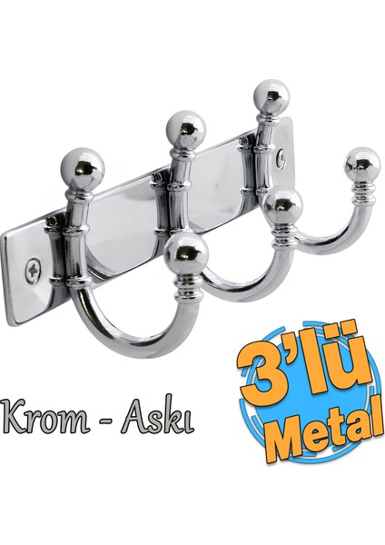 Metal 3'lü Birleşik Vestiyer Duvar Monteli Askı Dolap Askılığı Vidalı Krom Elbise Askısı 1 Adet