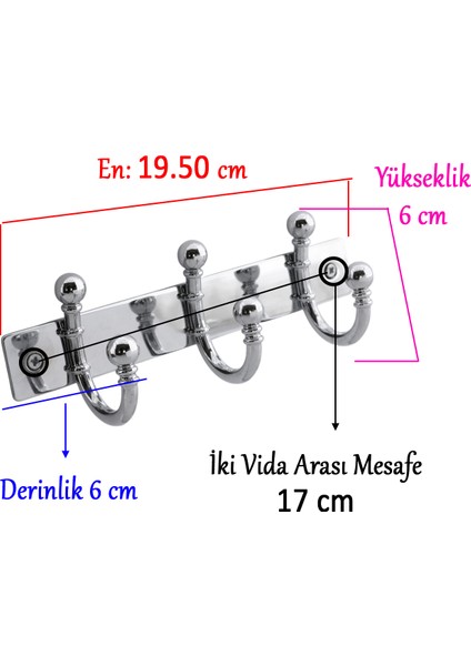 Metal 3'lü Birleşik Vestiyer Duvar Monteli Askı Dolap Askılığı Vidalı Krom Elbise Askısı 1 Adet