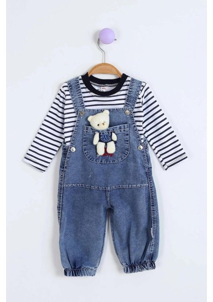 Unisex Ayıcıklı Bebek Kot Slopet 6-9-12-18 Ay Takım, Bady Çizgili
