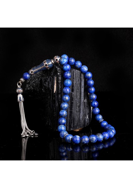 Zirkon Taşlı Gümüş Püsküllü Hakiki Lapis Taşı Tesbih