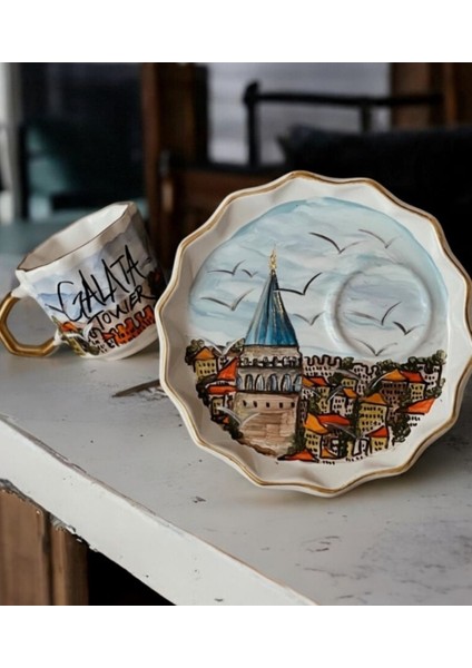 Özel Tasarım El Boyaması Yeni Galata Kulesi Serisi Türk Kahvesi Fincanı