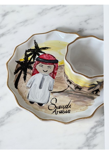 Özel Tasarım El Boyaması Hediyelik Saudi Arabia Temalı Türk Kahve Fincanı