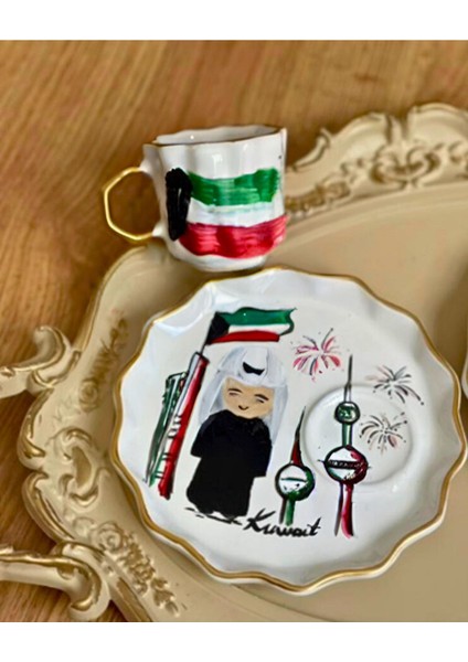 El Boyama Özel Tasarım Hediyelik Kuwait Temalı Türk Kahvesi Fincanı