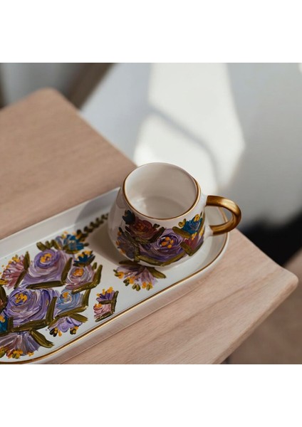 El Boyama Kahve Fincanları Mor Çiçek Özel Tasarım Çeyiz, Hediyelik Türk Kahve Fincanı (1 Adet)