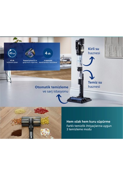 3'ü 1 Arada (Islak, Kuru ve Moplu) Sarjlı ve Kablosuz Dik Süpürge