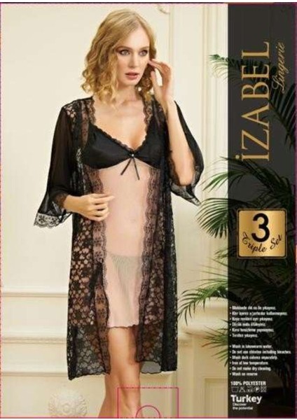 Izabel Dantel Detaylı 3lü Gecelik Takım 3003