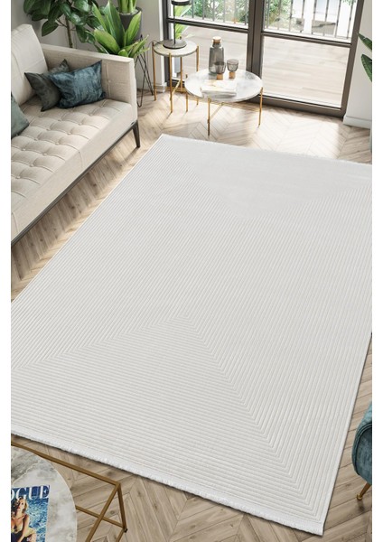 Marsilya Krem Halı Bohem Tarz Halı Sade Renk Geometrik Desen Ince Akrilik Yumuşak Salon Halısı