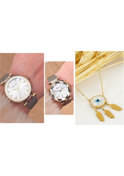 Kristal Efektli Kadran Çelik Kadın Kol Saati+ Çelik Kolye Hediye Set