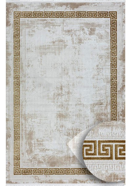 Marsilya Krem Halı Gold Kenar Çerçeveli Ince Halı Yumuşak Modern Sade Salon Halısı Bodürlü Halı
