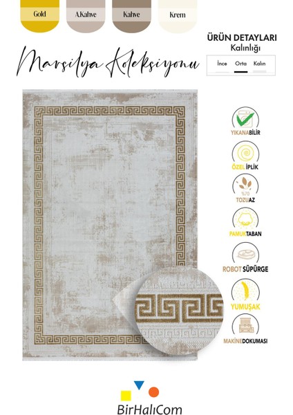 Marsilya Krem Halı Gold Kenar Çerçeveli Ince Halı Yumuşak Modern Sade Salon Halısı Bodürlü Halı