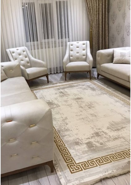 Marsilya Krem Halı Gold Kenar Çerçeveli Ince Halı Yumuşak Modern Sade Salon Halısı Bodürlü Halı