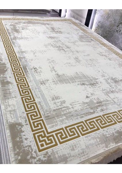 Marsilya Krem Halı Gold Kenar Çerçeveli Ince Halı Yumuşak Modern Sade Salon Halısı Bodürlü Halı