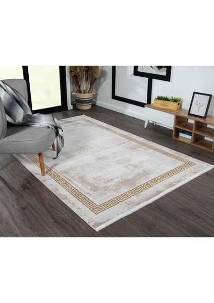 Marsilya Krem Halı Gold Kenar Çerçeveli Ince Halı Yumuşak Modern Sade Salon Halısı Bodürlü Halı