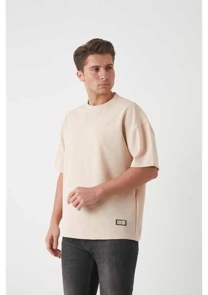 Panel Detaylı Basic Oversize Erkek T-Shirt - Bej
