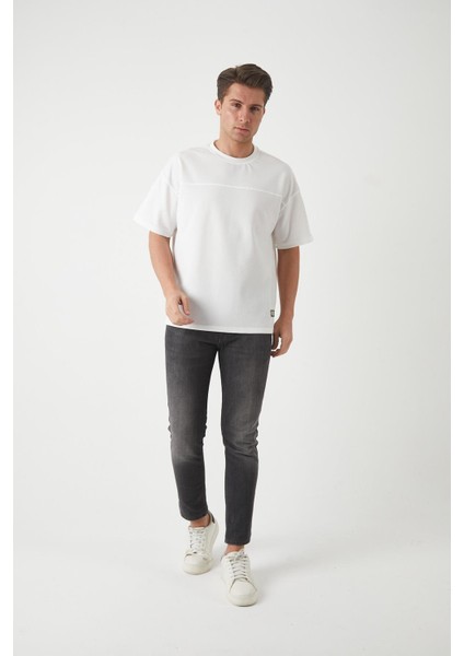 Panel Detaylı Basic Oversize Erkek T-Shirt - Ekru