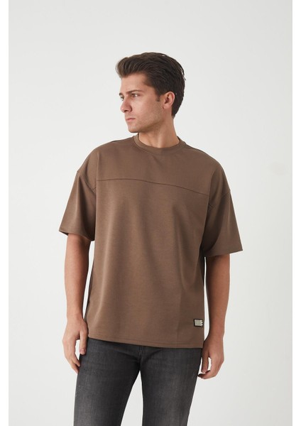 Panel Detaylı Basic Oversize Erkek T-Shirt - Kahve