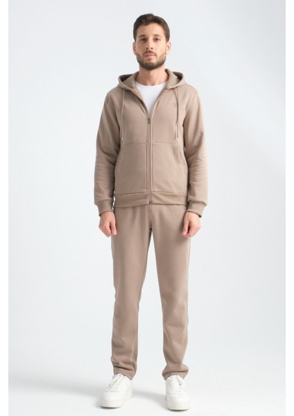 Vizon Erkek Kışlık Eşofman Takımı Kuzu Şardonlu Regular Kalıp Minimal Logo Kapüşonlu