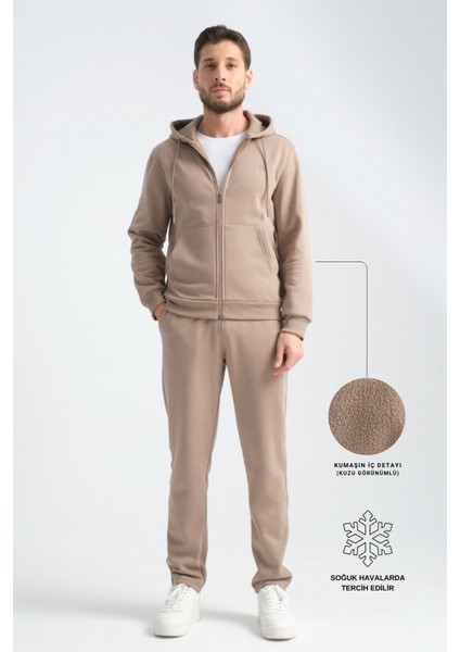 Vizon Erkek Kışlık Eşofman Takımı Kuzu Şardonlu Regular Kalıp Minimal Logo Kapüşonlu fiyatları