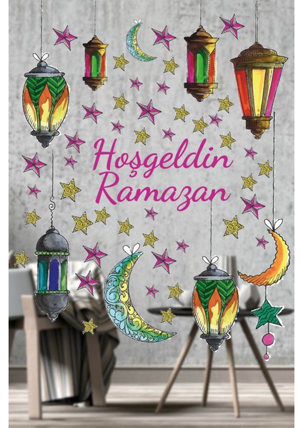 | Ramazan Temalı 60 Parça Sticker Seti – Hoş Geldin Ramazan Duvar Süsü, Kapı Süsü, Cam Süsü