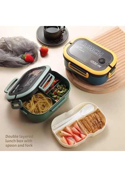 2 Katlı Taşınabilir Yemek Kabı Lunch Box Diyet Beslenme Kutusu Saklama Kabı Çatal Kaşıklı Sefer Tası
