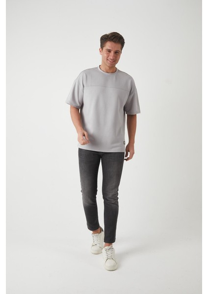 Panel Detaylı Basic Oversize Erkek T-Shirt - Gri
