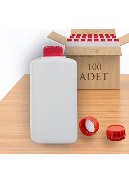 Plastik Kare Numune Saklama Şişesi 1000 ml Kırmızı Kapaklı | Kimyasala Dayanıklı (100'LÜ Paket)