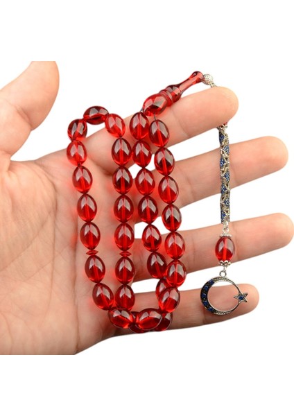 Burhan sağlam Özel Seri Arpa Kesim Gümüş Püsküllü 12x9 mm Ateş Kehribar Tesbih