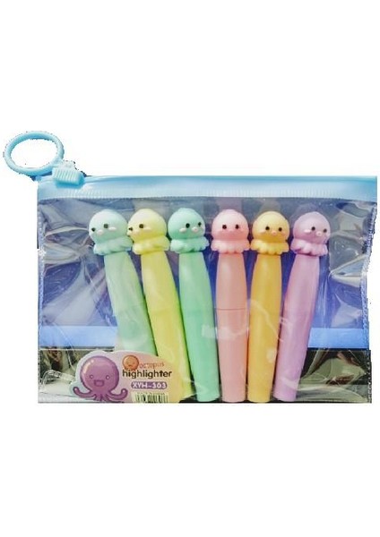 Kilitli Poşet Ahtapot Başlıklı Mini Fosforlu Kalem 6 Lı (XYH-303)