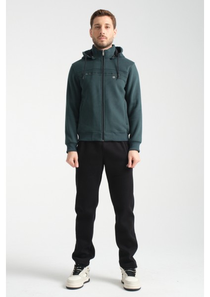 Kışlık Koyu Yeşil Erkek Eşofman Takımı Içi Şardonlu Kapüşonlu Regular Kalıp