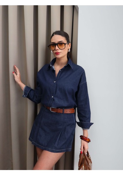 Lacivert Denim Gömlek Şort Etek Takım fiyatları