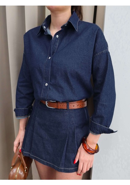 Lacivert Denim Gömlek Şort Etek Takım modelleri