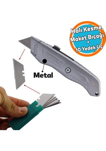 Maket Bıçak Halı Bıçağı Çok Amaçlı Metal Maket Bıçağı Küçük Değiştirilebilir 10 Adet Yedek Bıçak