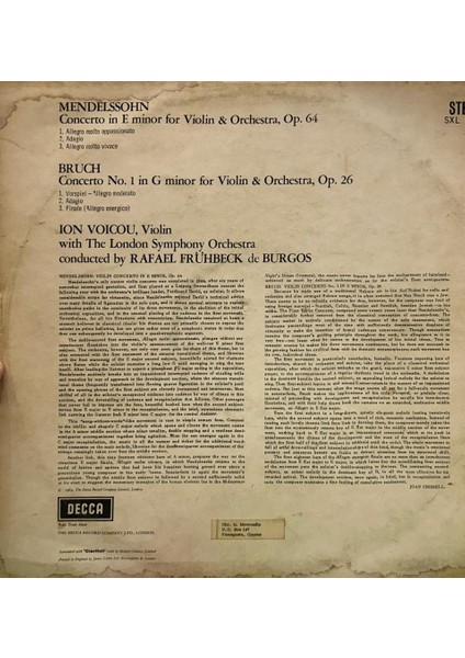 Mendelssohn / Bruch - Ion Voicou, London Symphony Orchestra, Rafael Frühbeck De Burgos ‎– Violin Concerto In E Minor / Violin Concerto In G Minor 1965 Baskı Lp