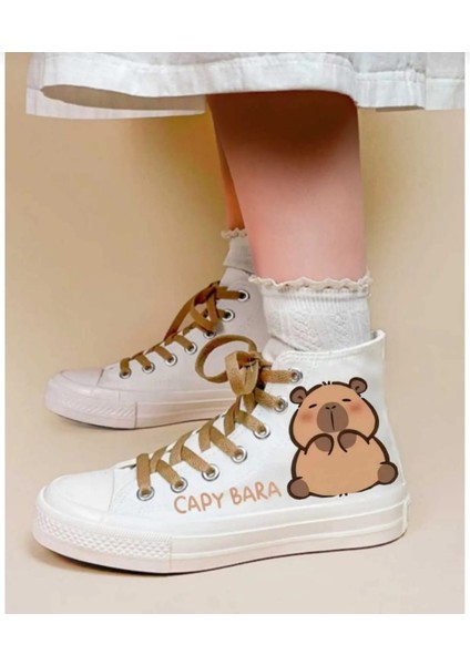 Capyy Bere Baskılı Beyaz Keten Çocuk Spor Ayakkabı Sneaker