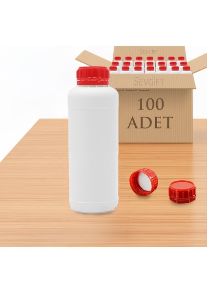 Plastik Numune Saklama Şişesi 1000 ml Kırmızı Kapaklı | Gıda Uyumlu | Kimyasala Dayanıklı (100'LÜ Paket)