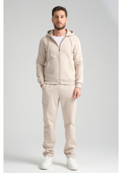 Bej Erkek Kışlık Eşofman Takımı Kuzu Şardonlu Regular Kalıp Minimal Logo Kapüşonlu