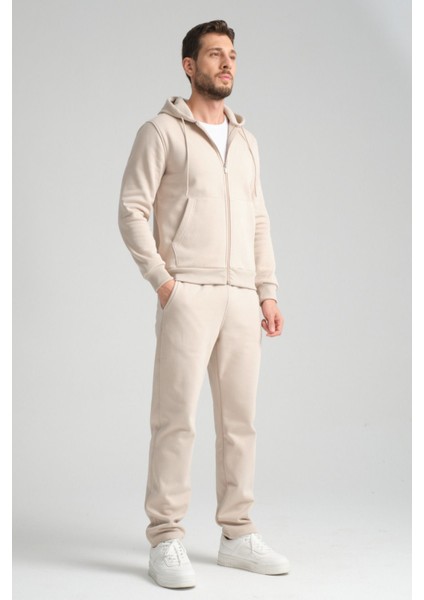Bej Erkek Kışlık Eşofman Takımı Kuzu Şardonlu Regular Kalıp Minimal Logo Kapüşonlu fiyatları