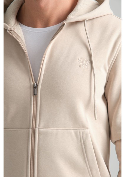 Bej Erkek Kışlık Eşofman Takımı Kuzu Şardonlu Regular Kalıp Minimal Logo Kapüşonlu modelleri