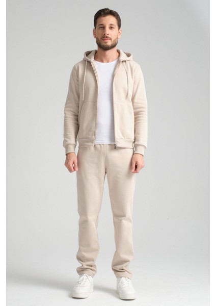 Bej Erkek Kışlık Eşofman Takımı Kuzu Şardonlu Regular Kalıp Minimal Logo Kapüşonlu fırsatları