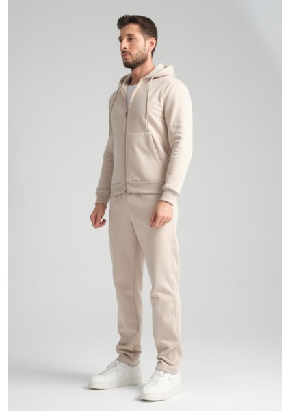 Bej Erkek Kışlık Eşofman Takımı Kuzu Şardonlu Regular Kalıp Minimal Logo Kapüşonlu indirimleri