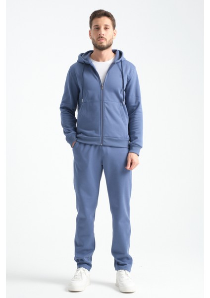 Indigo Erkek Kışlık Eşofman Takımı Kuzu Şardonlu Regular Kalıp Minimal Logo Kapüşonlu