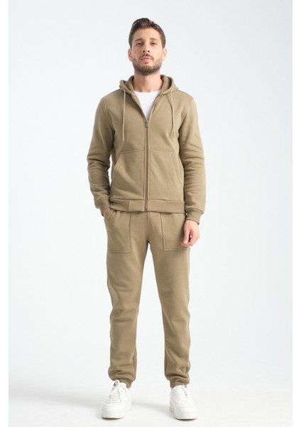 Haki Erkek Eşofman Takımı Kapüşonlu Kışlık Iç Detayı Kuzu Görünümlü