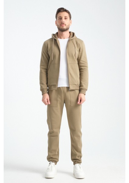 Haki Erkek Eşofman Takımı Kapüşonlu Kışlık Iç Detayı Kuzu Görünümlü fırsatları