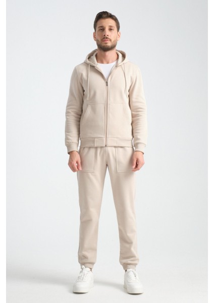 Bej Erkek Eşofman Takımı Kapüşonlu Kışlık Iç Detayı Kuzu Görünümlü fırsatları