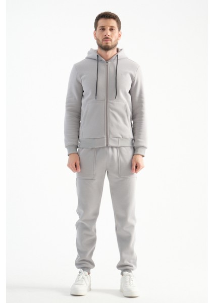 Açık Gri Erkek Eşofman Takımı Kapüşonlu Kışlık Iç Detayı Kuzu Görünümlü