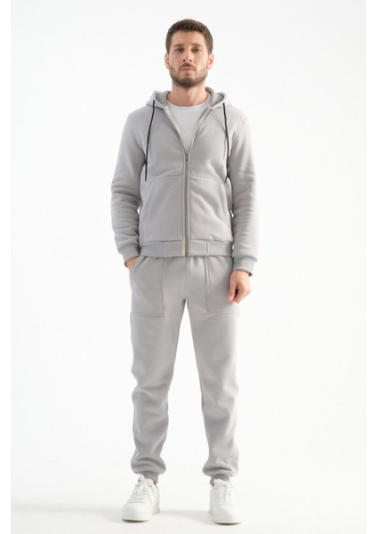 Açık Gri Erkek Eşofman Takımı Kapüşonlu Kışlık Iç Detayı Kuzu Görünümlü fiyatları