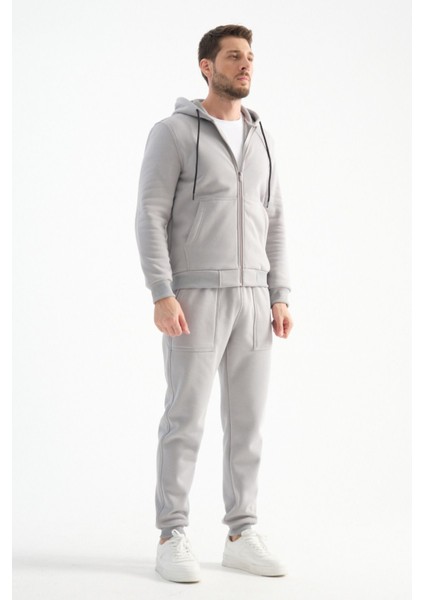 Açık Gri Erkek Eşofman Takımı Kapüşonlu Kışlık Iç Detayı Kuzu Görünümlü fırsatları